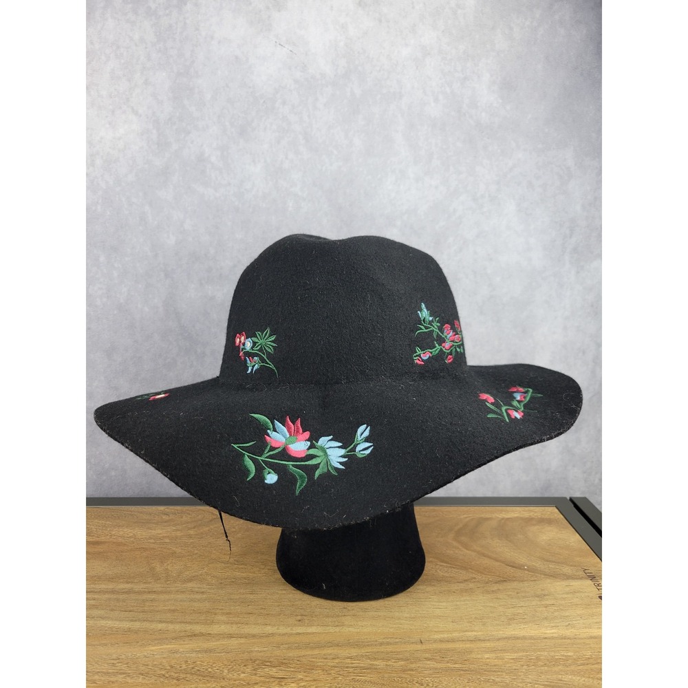 Lucky Brand Black Wool Felt Floppy Hat Embroidered Floral Wide Brim